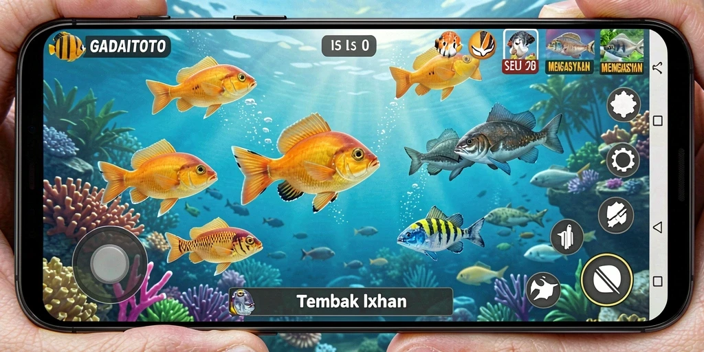 Tampilan gameplay GADAITOTO dengan aksi menembak ikan yang seru.