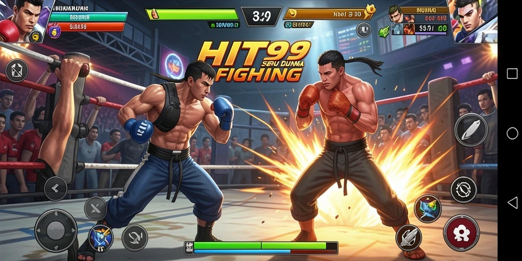 Screenshot gameplay HIT9 menampilkan pertempuran epik antara dua karakter dengan efek serangan yang mengagumkan.