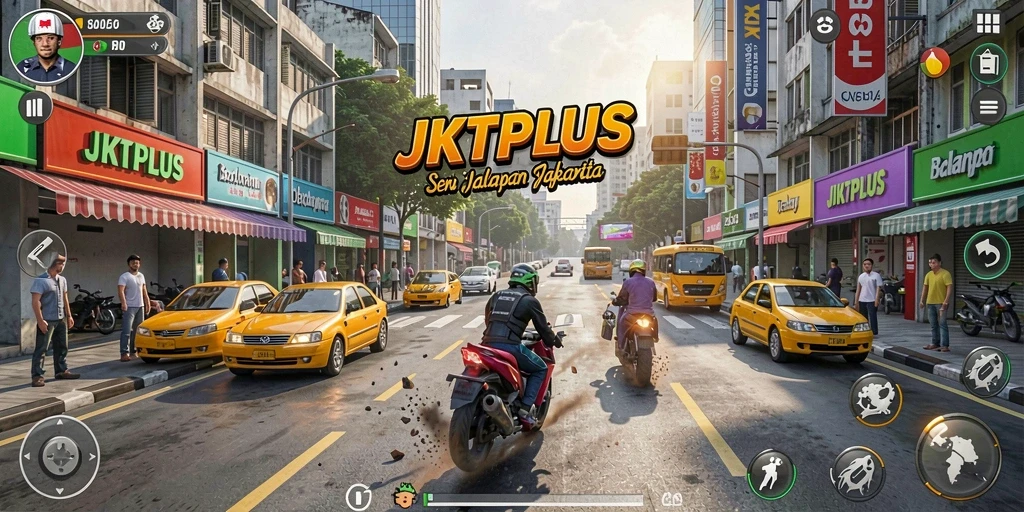 Tampilan gameplay seru di JKTPLUS dengan balapan di jalanan Jakarta.