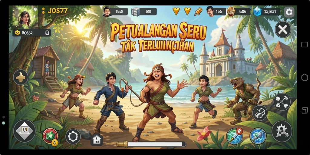 Tangkapan layar utama menunjukkan gameplay seru JOS77 di dunia petualangan.