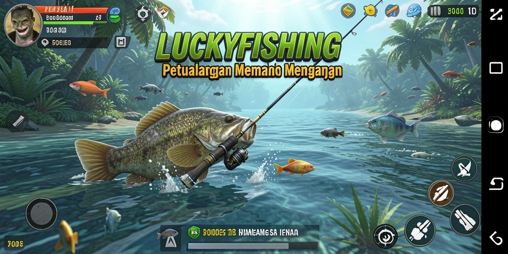 Tampilan gameplay LUCKYFISHING yang mendebarkan saat menangkap ikan di alam.