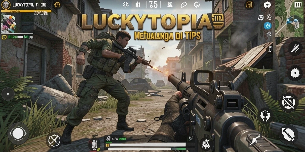 Screenshot gameplay <strong>LUCKYTOPIA</strong> menunjukkan aksi seru dan lingkungan yang indah.