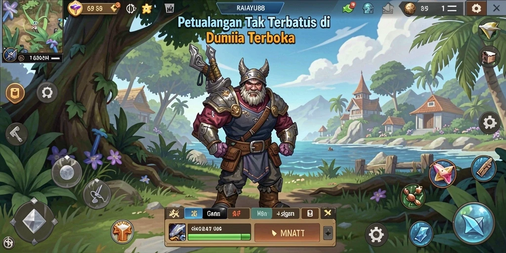 Screenshot gameplay RAHAYU88 menunjukkan eksplorasi dunia terbuka yang luas.