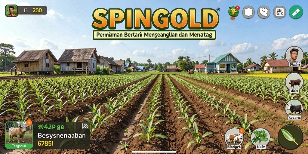 Gameplay SPINGOLD yang menampilkan ladang subur dan hewan lucu.
