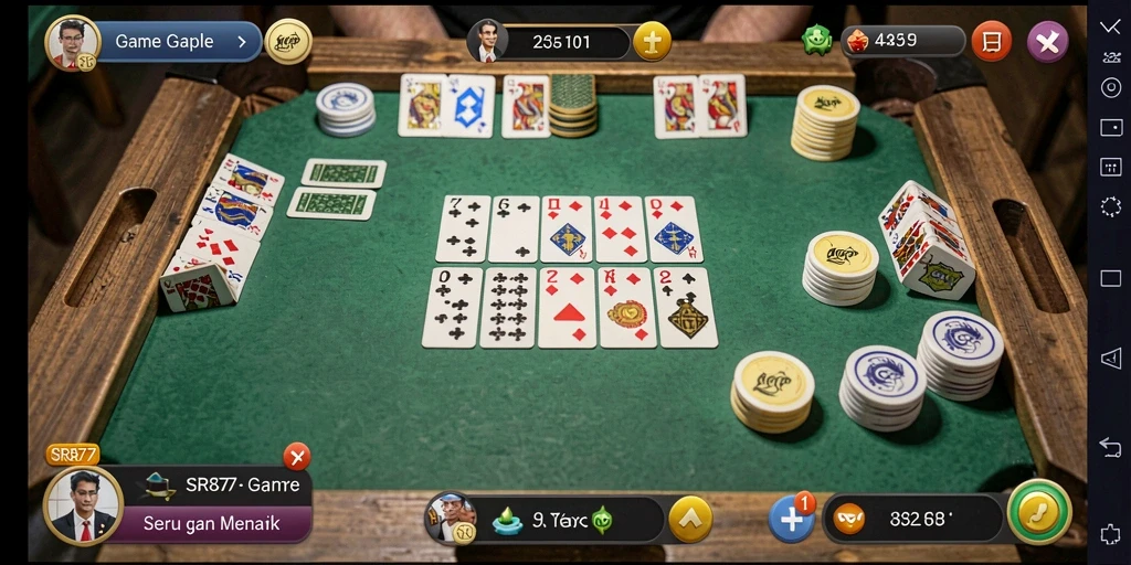 Screenshot utama SR877 menampilkan gameplay Gaple yang seru dan interaktif.