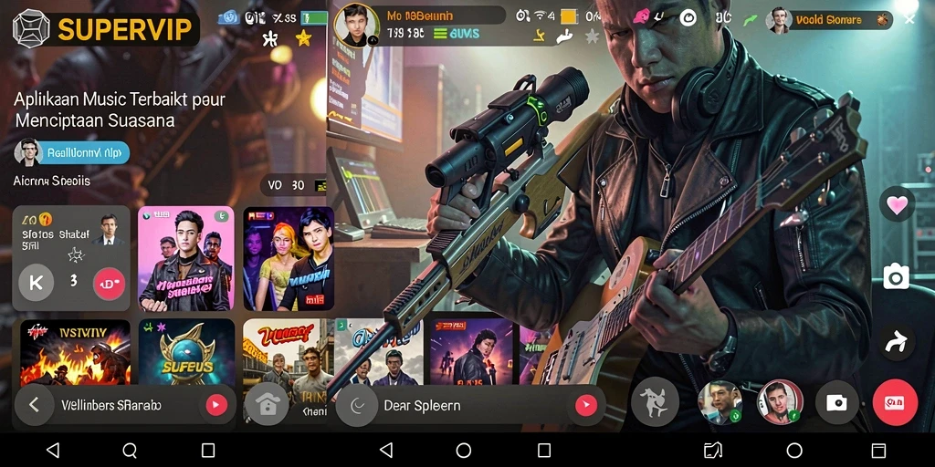 Tampilan gameplay di SUPERVIP, dengan koleksi musik lengkap.